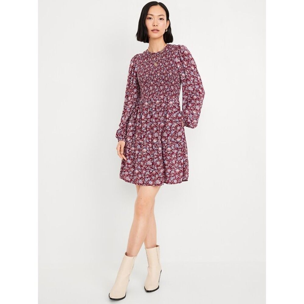 OLD NAVY Burgundy Ditsy Floral Plus Sz 3X Smocked Long Sleeve Dress Side Pockets
